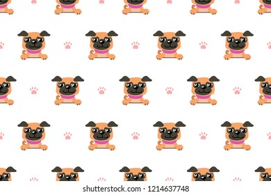 Vector cartoon character pug dog seamless pattern for design.