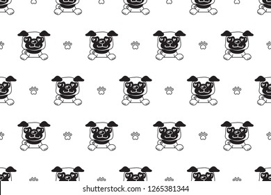 Vector cartoon character pug dog seamless pattern for design.