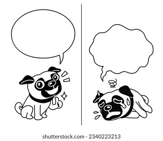 Vector cartoon character pug dog expressing different emotions with speech bubbles for design.