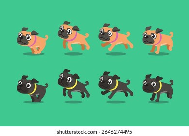 Vector cartoon character pug dog running step for design.