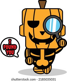 vector cartoon character pumpkin mascot halloween skull cute magnifying glass. i found you