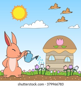 vector cartoon character rabbit watering