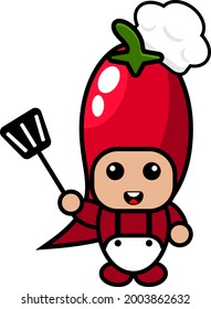 personaje de dibujos animados vectoriales del personaje de disfraces de mascota de chile rojo en el vestido del chef y sosteniendo una espátula