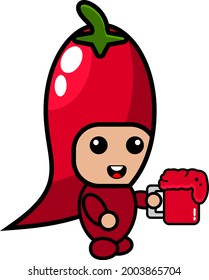 vector cartoon character red chili mascot costume drinking chili juice