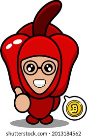 caricatura vectorial personaje pimienta roja traje de mascota vegetal pulgares hacia arriba y burbuja de chats de bitcoin