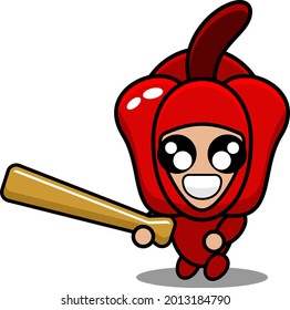 personaje de caricatura vectorial del traje de mascota de verduras de pimienta roja sosteniendo un bate de béisbol