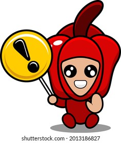 vector cartoon character red pepper vegetable mascot costume sitting holding a warning sign