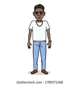 Vector Cartoon Character - Rich Young Afroamerican Man in White T-shirt and Jeans