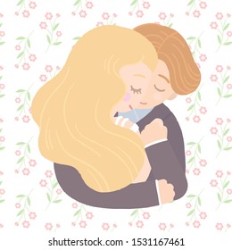 Vector cartoon character romantic couple hugging hand drawn style flowers pattern background