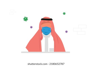 Vektorgrafik für eine Figur, ein saudi-arabischer Golfärzt, der eine saudische Uniform trägt, die den Maßnahmen folgt, um das Corona-Virus durch Tragen einer Maske, Gesundheitsversorgung