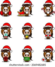 vector cartoon character set cute horse mascot costume christmas bundle