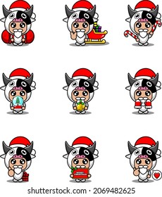 vector cartoon character set mascot costume cow cute christmas bundle