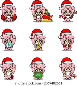 vector cartoon character set mascot costume pig cute christmas bundle