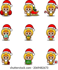 Vektor Cartoon-Zeichensatz Mascot Kostümhähnchen süße Weihnachtsbündel