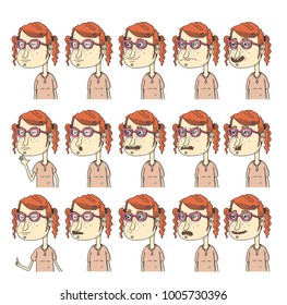 Vector cartoon character set with multiple expressions. Nerdy girl isolated from background.