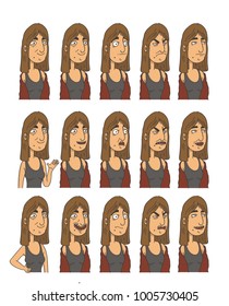 Vector cartoon character set with multiple expressions. Girl isolated from background.