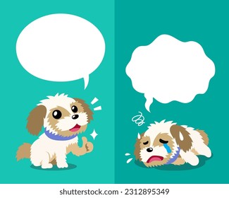 Vector cartoon character shih tzu dog expressing different emotions with speech bubbles for design.