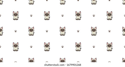 Vector cartoon character siamese cat seamless pattern background for design.