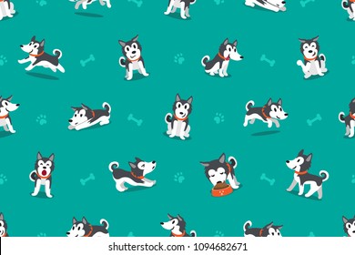 Vector cartoon character siberian husky dog seamless pattern for design.