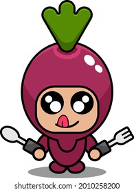 personaje de caricatura vectorial simple traje de mascota de batata sujetando cuchara y tenedor