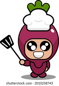 vector cartoon character simple sweet potato mascot costume holding a spatula and wearing a chef's hat