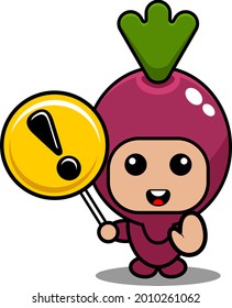 vector cartoon character simple sweet potato mascot costume holding a warning sign