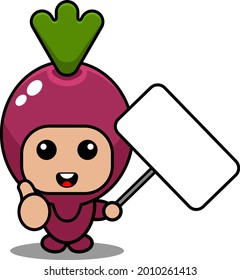 personaje de caricatura vectorial simple traje de mascota de batata sosteniendo tablero blanco con los pulgares hacia arriba