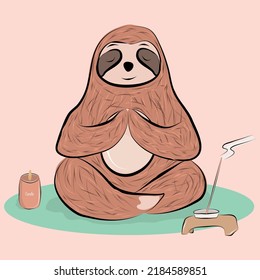 Vector cartoon character of a sloth in a meditative pose. Yoga practice. Relaxation. Colorful banner, poster. Colored flat illustration.