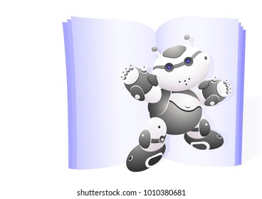 Vector cartoon character smart modern robot pupil artificial intelligence with raised hand on blue book background with shadow isolate on white background