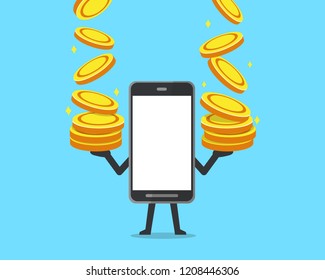 Vector cartoon character smartphone with big coins stack for design.