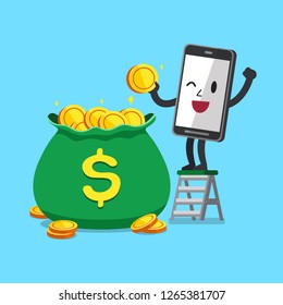 Vector cartoon character smartphone with big money bag for design.