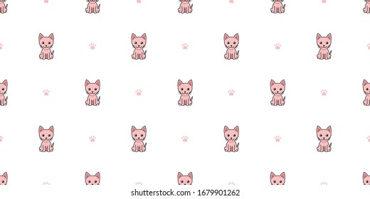 Vector cartoon character sphynx cat seamless pattern background for design.