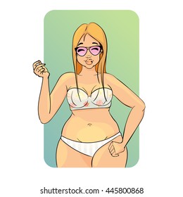Vector cartoon character. Summer. glamour blonde girl wearing bikini. Isolated on blue background. gradient background.