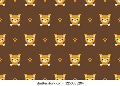 Vector cartoon character tabby cat seamless pattern for design.