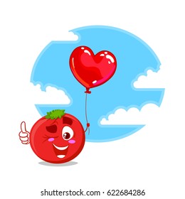Vector cartoon character of tomato with red balloon. Blue sky with white clouds on back. Isolated on white background.