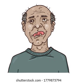 Vector Cartoon Character - Toothless Old Man. Male Retired Person Portrait.