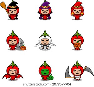 Caricatura vectorial Tomate vegetal Mascota Costume Halloween Juego de Paquete