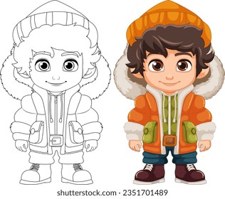 Vector cartoon character wearing puffer jacket, beanie hat, and boots