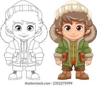 Vector cartoon character wearing puffer jacket, beanie hat, and boots