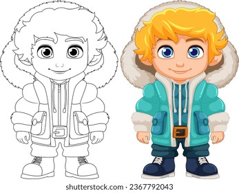 Vector cartoon character wearing puffer jacket, beanie hat, and boots