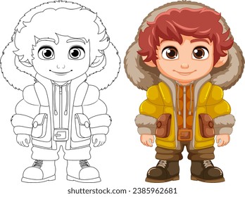 Vector cartoon character wearing puffer jacket, beanie hat, and boots