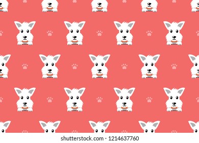 Vector cartoon character white scottish terrier dog seamless pattern for design.