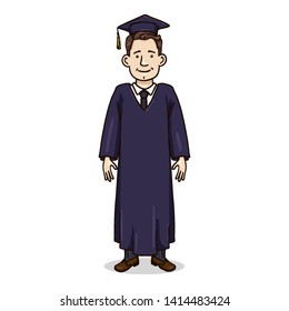 Vector Cartoon Character - White Young Man in Dark Blue Graduation Gown and Academic Hat