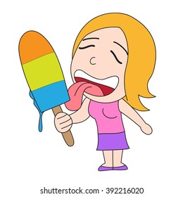 vector cartoon character woman lick ice cream