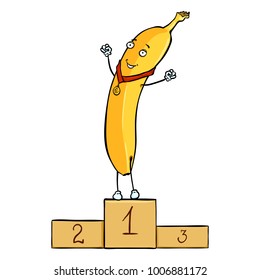 Vector Cartoon Character - Yellow Banana Winner with Gold Medal on the Fisrt Place of Pedestal