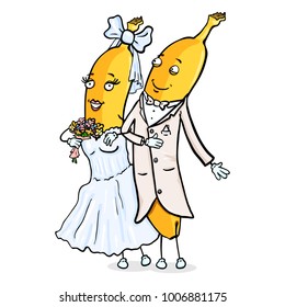 Vector Cartoon Character - Yellow Banana Just Married Couple. Wedding Ceremony. Groom and Bride.