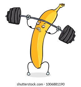 Vector Cartoon Character - Yellow Banana Lifting Heavy Weight Barbell