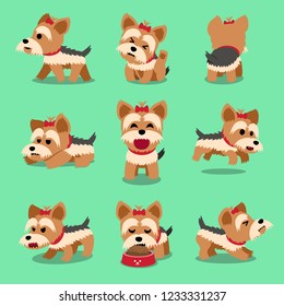 Vector cartoon character yorkshire terrier dog poses set for design.