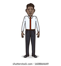 Vector Cartoon Character - Young Afro American Man in White Shirt with Red Necktie