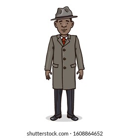 Vector Cartoon Character - Young Afroamerican Man in Gray Coat and Hat